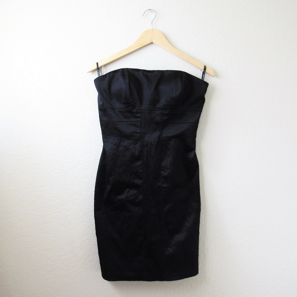 • Black Satin Strapless Bandage Dress •